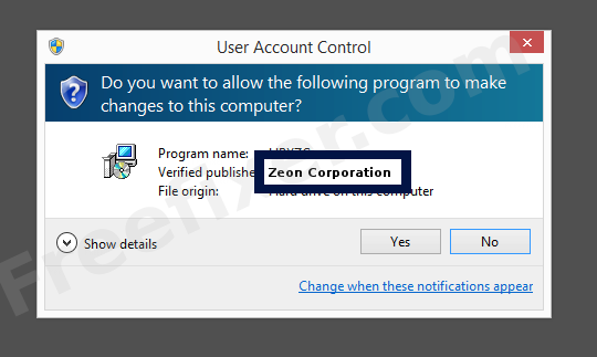 Screenshot where Zeon Corporation appears as the verified publisher in the UAC dialog